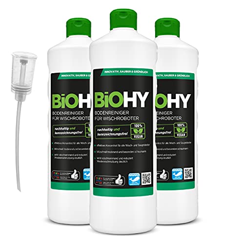 BiOHY Limpiador pisos para robots limpiadores (3 botellas de 1 litro) + Dosificador | Concentrado para todos robot aspirador con función húmeda - sostenible y ecológico (Wischroboter)