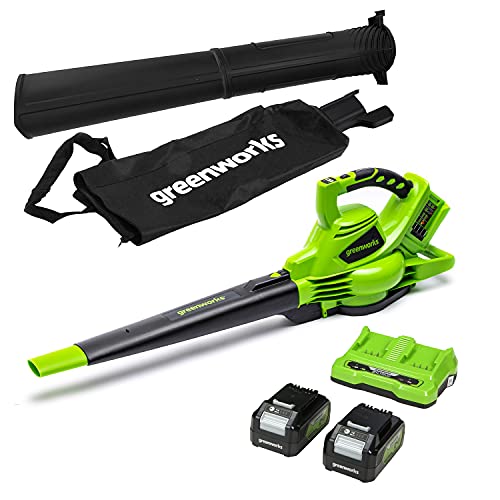 Greenworks GD24X2BVK4X Soplador Aspirador de Hojas a Batería, Correa para Hombro, Motor sin Escobillas, 322km/h, 9m³/min, Bolsa Recogedora 45L, Dos Baterías 24V (48V) 4Ah y Cargador, Garantía 3 Años