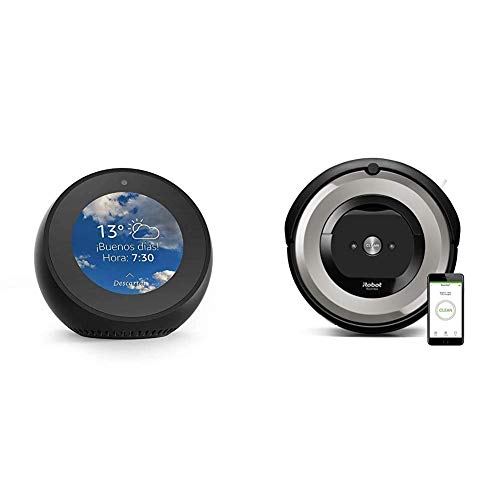 Echo Spot negro + iRobot Roomba e5154 - Robot Aspirador Óptimo Mascotas, Succión 5 Veces Superior, Cepillos de Goma Antienredos, Sensores Dirt Detect, Suelos Duros y Alfombras, Wifi, Programable App, compatible Alexa