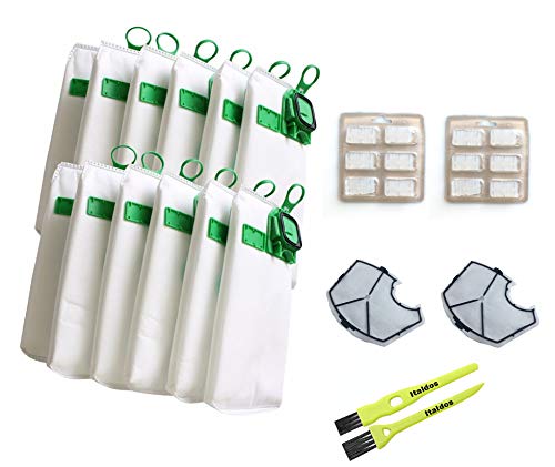 Italdos Kit de Bolsa Aspiradora Compatible para Vorwerk Kobold VK140 VK150 con Filtro HEPA de Repuesto - 12 Bolsas + 2 Filtros de Motor + 12 Parafumes + 2 Cepillos de Limpieza