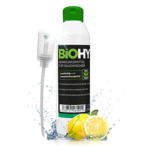 BiOHY Agente de limpieza para limpiaparabrisas de succión (1 botella de 250ml) + Dosificador | Concentrado 1:200 para los aspiradores en húmedo | baldosas, PVC, parquet y laminado (Saugwischer)