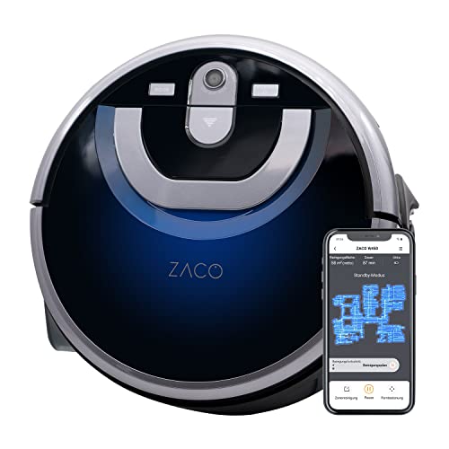 ZACO W450 Robot mopa con depósito de Agua Fresca y Sucia Extra (Nuevo 2021), hasta 80 min de fregado en húmedo, para Suelos Duros, navegación con cámara Inteligente, Control con App y Alexa, Azul