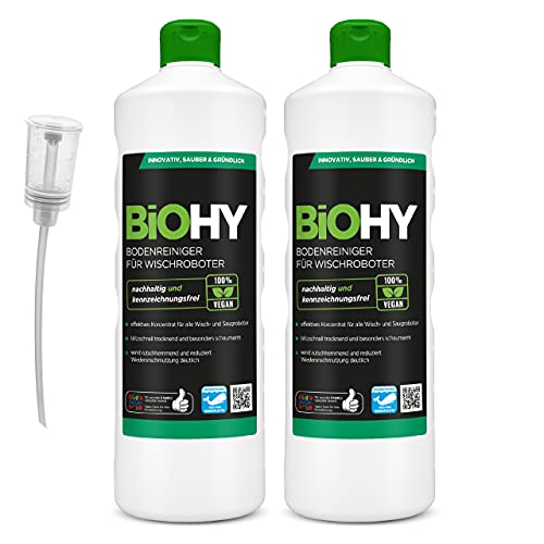 BiOHY Limpiador pisos para robots limpiadores (2 botellas de 1 litro) + Dosificador | Concentrado para todos robot aspirador con función húmeda - sostenible y ecológico (Wischroboter)