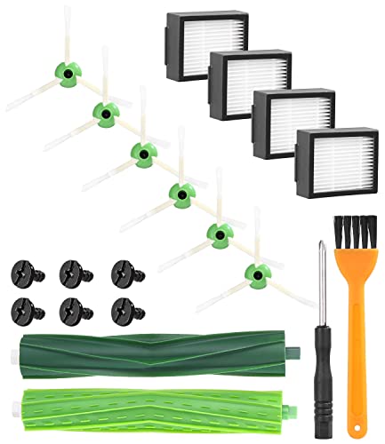 Kit de Recambios para iRobot Roomba Series e/I,E5 E6 i7 i7+ i3 i3+ i4 i4+ i6 i6+ j7 j7+ i8 i8+, Piezas de Repuestos,1 par de cepillos para suelo,4 filtro, 6 cepillos laterale,reemplazo de accesorios