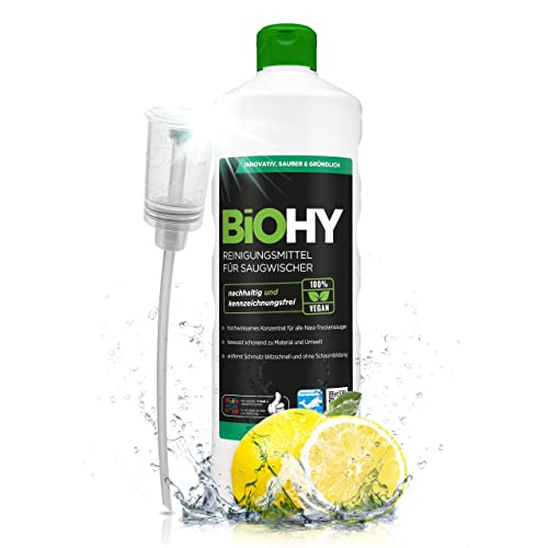 BiOHY Agente de limpieza para limpiaparabrisas de succión (1 botella de 1 litro) + Dosificador | Concentrado 1:200 para los aspiradores en húmedo | baldosas, PVC, parquet y laminado (Saugwischer)