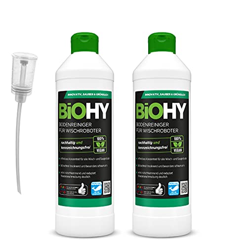 BiOHY Limpiador pisos para robots limpiadores (2 botellas de 500ml) + Dosificador | Concentrado para todos robot aspirador con función húmeda - sostenible y ecológico (Wischroboter)