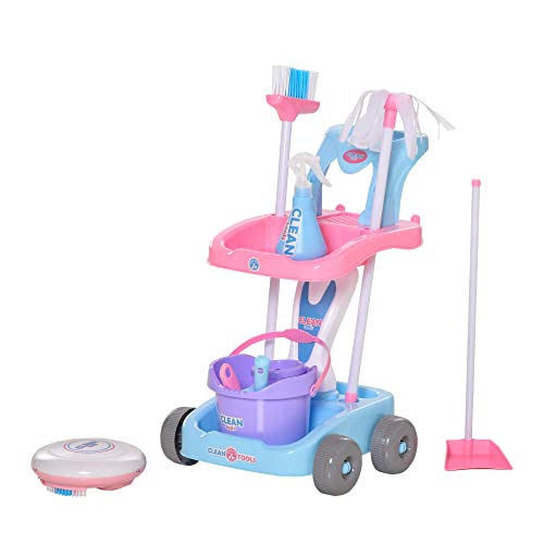 HOMCOM Carrito de Limpieza para Niños de +3 Años con Luz y Sonido con Robot Aspirador Eléctrico Escobas Fregona Cubo 23 Accesorios Incluidos 42x32x49,5 cm Rosa y Azul