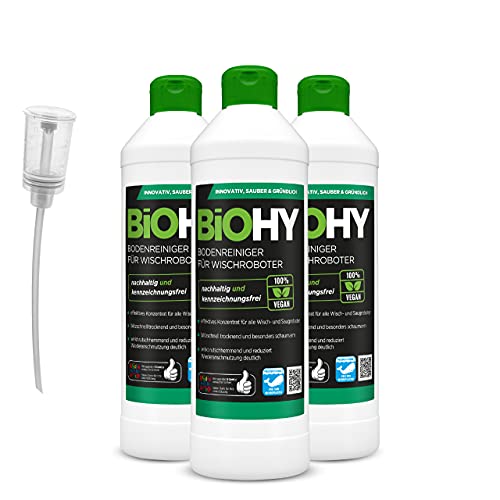 BiOHY Limpiador pisos para robots limpiadores (3 botellas de 500ml) + Dosificador | Concentrado para todos robot aspirador con función húmeda - sostenible y ecológico (Wischroboter)