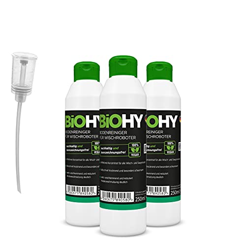 BiOHY Limpiador pisos para robots limpiadores (3 botellas de 250ml) + Dosificador | Concentrado para todos robot aspirador con función húmeda - sostenible y ecológico (Wischroboter)