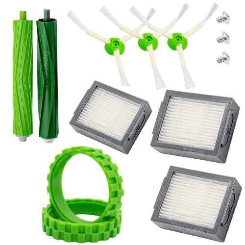 BAKUUM Pack 2 Neumáticos Verdes, 3 Escobillas, 3 Tornillos, 2 Rodillos Centrales, 3 Filtros Hepa. Accesorios para iRobot Roomba Serie e5154 e5158 E6 E7 i7 i7+ i8 i8+ j7 j7+ i6 i6+ i4 i4+