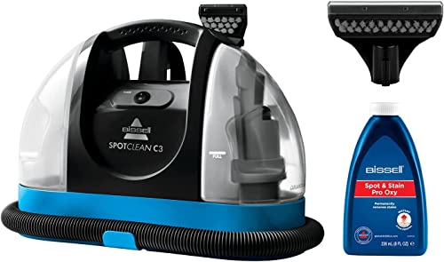 BISSELL SpotClean C3 | Rocía, Cepilla y Aspira | Para Escaleras, Tapicería, Autos y Alfombras | Potente Aspiración 340W | Tecnología de Dos Tanques | 81dB | Negro/Azul/Transparente | 3619N