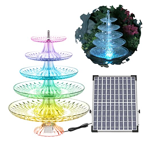 AISITIN Fuente Solar 12W LED de Colores con Juego de Comedero para Pájaros de Cristal de 5 Niveles, 5000 mAh Batería Incorporada, para Decoración de Jardín