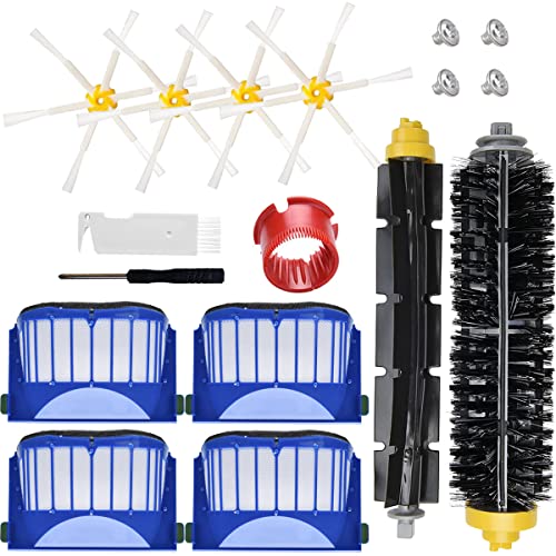 QAQGEAR Kit de Accesorios de Repuesto para iRobot Roomba 600 Series 694 692 690 680 660 665 651 650 614 Robot Aspirador, 1 Cepillo de cerdas y batidor Flexible, 4 cepillos Laterales, 4 filtros