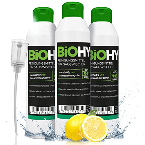 BiOHY Agente de limpieza para limpiaparabrisas de succión (3 botellas de 250ml) + Dosificador | Concentrado 1:200 para los aspiradores en húmedo | baldosas, PVC, parquet y laminado (Saugwischer)