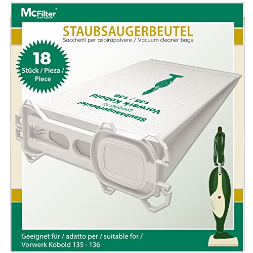 McFilter | 18 bolsas para polvo adecuadas para las aspiradoras Vorwerk Kobold 135 136 VK 135 y VK 136 con cierre higiénico | bolsa para polvo de 5 capas de vellón | tipo de bolsa VO 8335