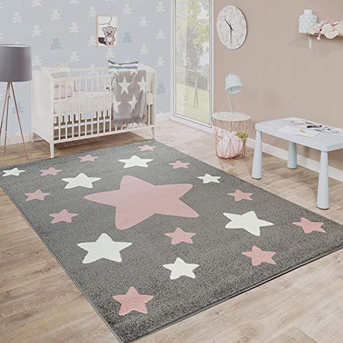 Paco Home Alfombra Habitación Infantil Estrellas Grandes Y Pequeñas En Gris Y Rosa, tamaño:120x170 cm