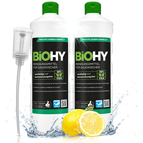 BiOHY Agente de limpieza para limpiaparabrisas de succión (2 botellas de 1 litro) + Dosificador | Concentrado 1:200 para los aspiradores en húmedo | baldosas, PVC, parquet y laminado (Saugwischer)