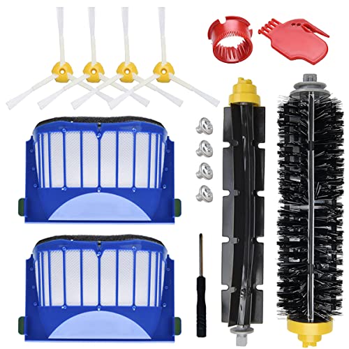 QAQGEAR Kit de Accesorios de Repuesto para iRobot Roomba 600 500 Series 694 692 690 680 660 665 651 650 614 Robot Aspirador, 1 Cepillo de cerdas y batidor Flexible, 4 cepillos Laterales, 2 filtros