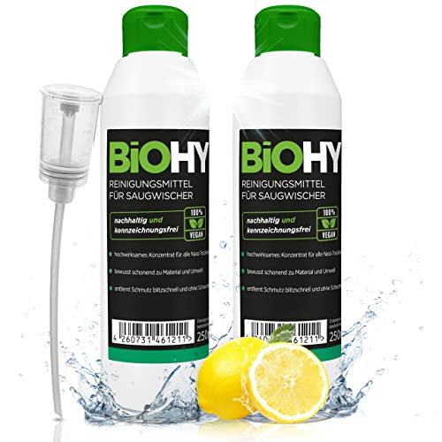 BiOHY Agente de limpieza para limpiaparabrisas de succión (2 botellas de 250ml) + Dosificador | Concentrado 1:200 para los aspiradores en húmedo | baldosas, PVC, parquet y laminado (Saugwischer)