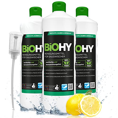 BiOHY Agente de limpieza para limpiaparabrisas de succión (3 botellas de 1 litro) + Dosificador | Concentrado 1:200 para los aspiradores en húmedo | baldosas, PVC, parquet y laminado (Saugwischer)