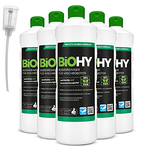 BiOHY Limpiador pisos para robots limpiadores (6 botellas de 1 litro) + Dosificador | Concentrado para todos robot aspirador con función húmeda - sostenible y ecológico (Wischroboter)