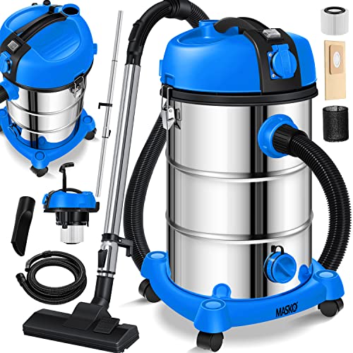 Masko® Aspirador Industrial, Aspirador en seco y húmedo, Acero Inoxidable 2300W + Enchufe función de soplado Aspirador en seco y húmedo | Aspirador Industrial con y sin Bolsa, Azul