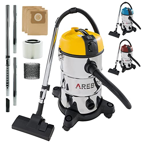 Arebos Aspiradora industrial 5IN1 | aspiradoras potentes 1300 W | potente aspiradora de cenizas | aspiradora en seco y húmedo | con y sin bolsa | 30 L | soplador de hojas | acero inoxidable | Amarillo