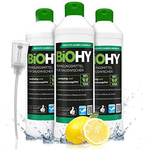 BiOHY Agente de limpieza para limpiaparabrisas de succión (3 botellas de 500ml) + Dosificador | Concentrado 1:200 para los aspiradores en húmedo | baldosas, PVC, parquet y laminado (Saugwischer)