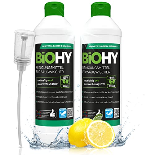 BiOHY Agente de limpieza para limpiaparabrisas de succión (2 botellas de 500ml) + Dosificador | Concentrado 1:200 para los aspiradores en húmedo | baldosas, PVC, parquet y laminado (Saugwischer)